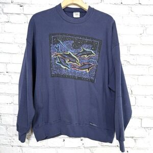 Vintage‎ 90s Crazy Shirt Hawaii Sweatshirt XL Dolphins Midnight Swim Navy USA